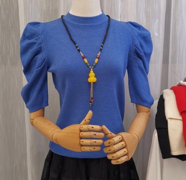 Camisola de malha feminina com mangas franzidas azul