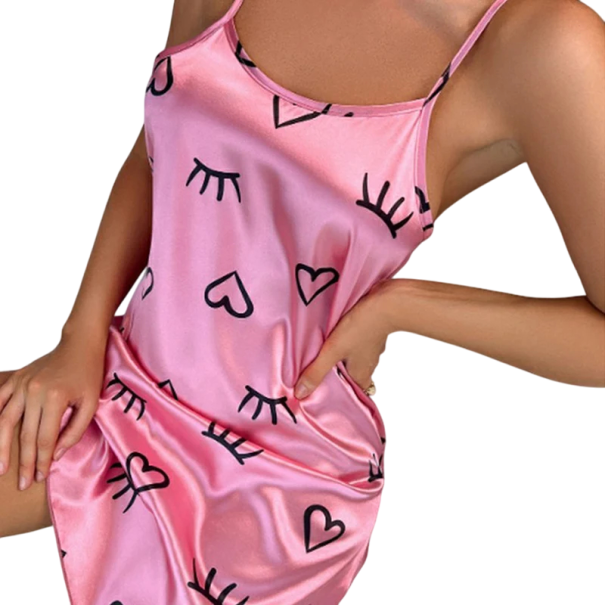 Camisola de noite sexy para senhora com estampa de corações e rendas Camisola leve e elástica em poliéster e spandex Lingerie confortável Várias cores rosa M