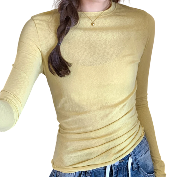 Camisola de Senhora com Mangas Compridas Corte Justo Correntes Decorativas nos Ombros Design Moderno Decote Redondo Material Confortável para Uso Diário amarelo XL