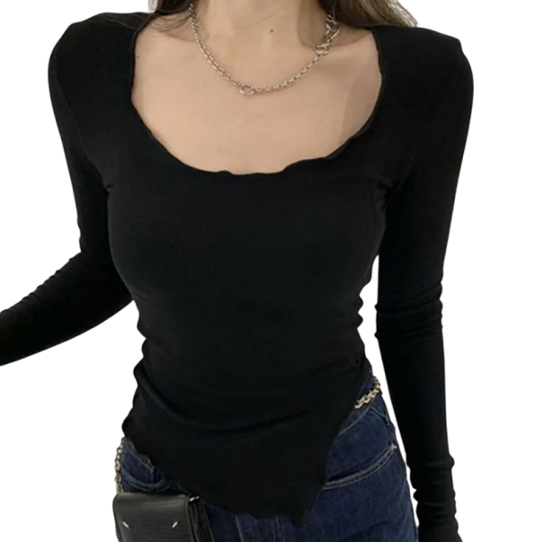 Camisola de Senhora de Manga Longa com Corte Assimétrico e Decote Quadrado Camisola Elegante com Acabamento em Ondas para o Dia-a-Dia preto L