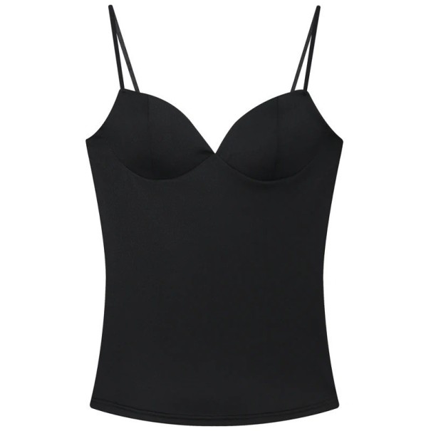 Camisola de senhora lisa com decote em V alças finas top leve em poliéster corte confortável para o verão preto M