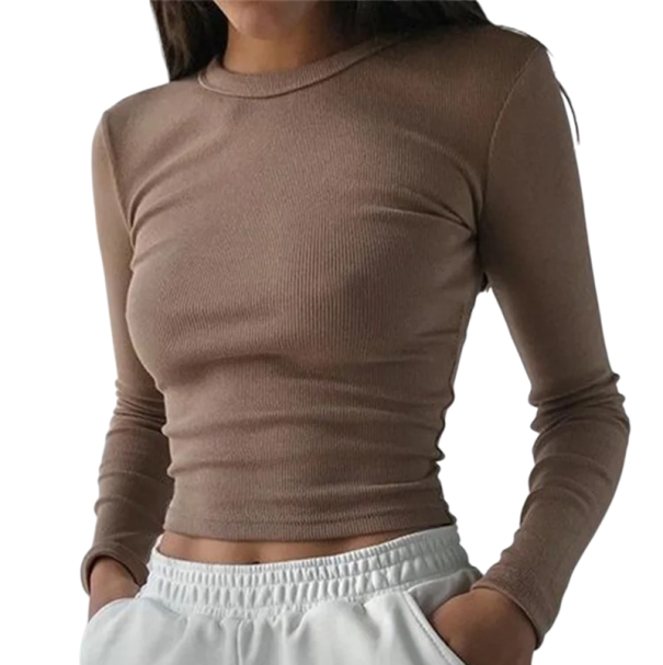 Camisola feminina de malha com mangas longas Corte justo Material elástico Crop top elegante até à cintura Ideal para um outfit diário castanho S