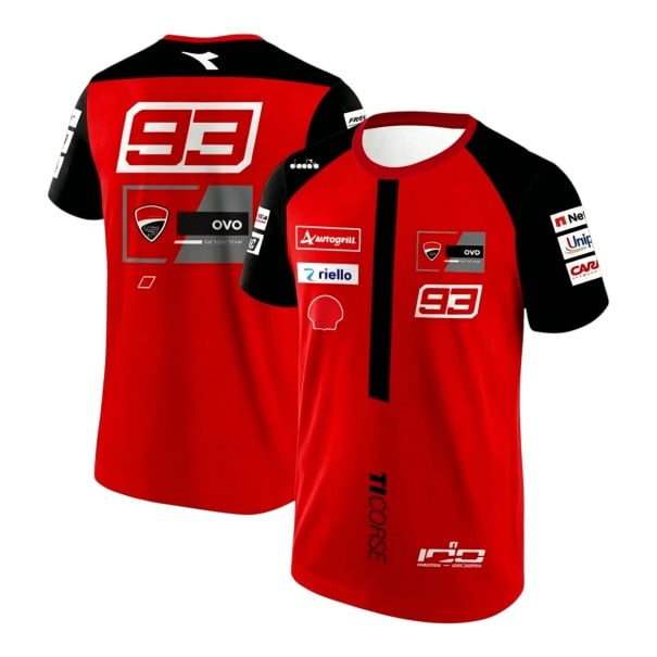 Camisola masculina vermelha com o número 93 e ombros pretos com mangas raglan curtas no estilo de camisola de equipa de motociclismo XXS