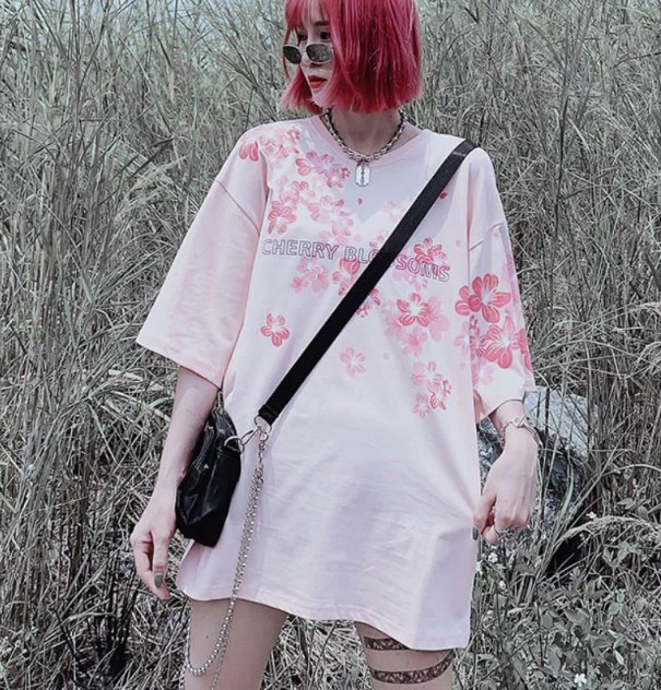 Camisola oversize feminina com flores A1201 rosa M