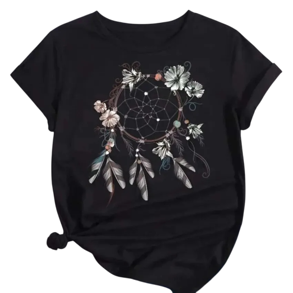 Camisola preta feminina com estampado de apanhador de sonhos Flores e penas Manga curta Decote redondo Corte solto Moda casual estilosa XXL