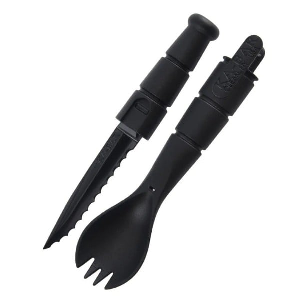Campingbesteck 3 in 1 Löffel Gabel und Messer mit gezahntem Schnitt Seiner Klammer Kunststoff für Lebensmittelkontakt Für Camping und Wandern schwarz
