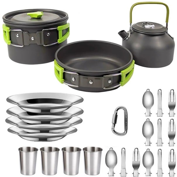 Campinggeschirr-Set Topf 175 x 95 mm Pfanne 180 x 45 mm und Kanne 800 ml Hartaluminiumlegierung Teller Tassen und Besteck Für Camping
