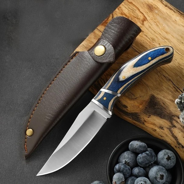 Campingmesser 19 cm Klinge aus rostfreiem Stahl Holzgriff Lederscheide Outdoormesser Wandern Camping Jagdmesser für die Natur blau