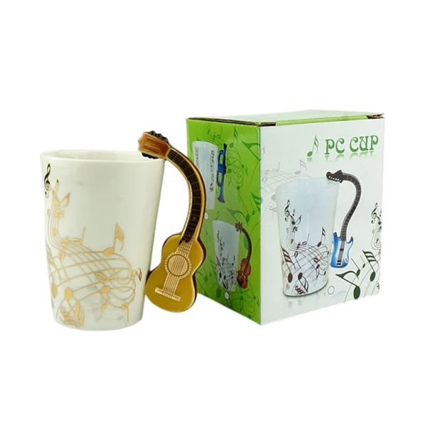 Cana ceramică cu motiv muzical și mâner în formă de chitară 240 ml realizare decorativă pentru cafea ceai și utilizare acasă aur