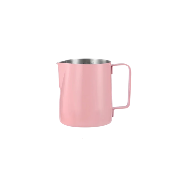 Cana din oțel inoxidabil pentru spumarea laptelui 350 ml 9 × 8 cm Cană profesională din oțel inoxidabil pentru cappuccino latte art utilizare acasă și baristică roz