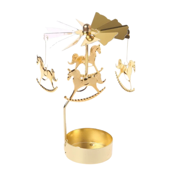 Candelabro metálico rotativo 13 x 8 cm com cavalinhos no carrossel Candelabro dourado para vela de chá Decoração de mesa Presente para crianças e adultos 1