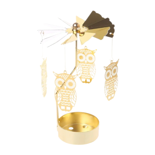 Candelabro metálico rotativo 13 x 8 cm com corujas Candelabro dourado para vela de chá Decoração rotativa para mesa Motivo natural Presente 1