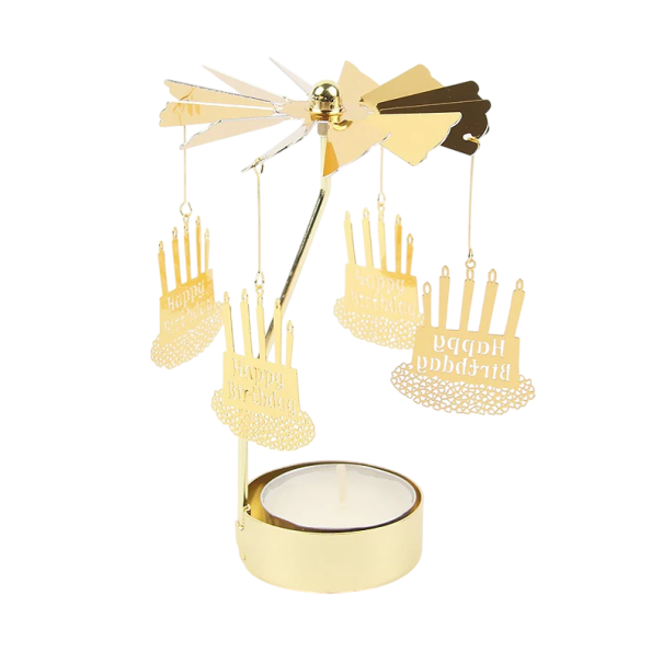 Candelabro rotante in metallo 13 x 8 cm con motivo di torta di compleanno Happy Birthday Decorazione da tavolo Candelabro rotante Regalo per festa 1