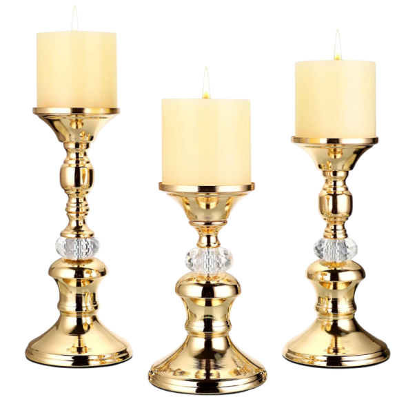 Candelabros de columna dorados vintage set de 3 piezas mezcla de tamaños 10,5 x 17/21/23,5 x 8,3 cm metal y cristal soportes decorativos para velas 1