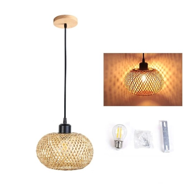 Candelabru din bambus realizat manual cu sârmă neagră suspendată 105cm Lampă suspendată din rattan țesut manual Plafoniera naturală cu bec LED E27 20x18cm 1