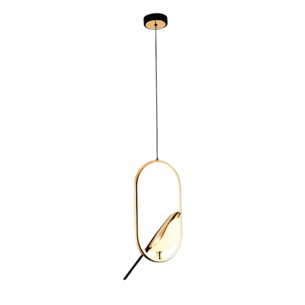 Candelabru LED suspendat cu biban oval și pasăre decorativă Lampă design modern 17×35 cm Lumină albă caldă 3000K 31W 90-260V Pandantiv reglabil 150 cm aur