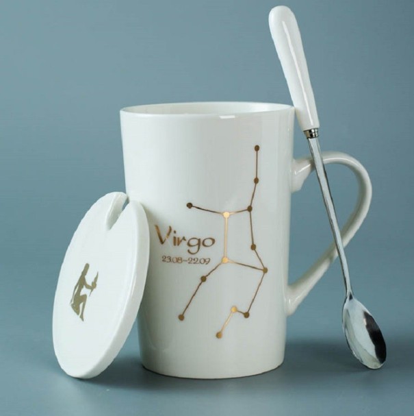 Caneca com signo do zodíaco com colher e tampa branco 4