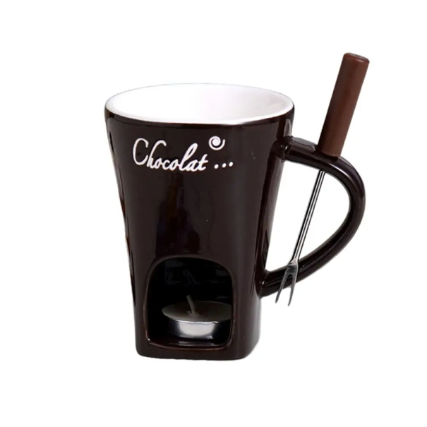 Caneca de cerâmica para fondue 200 ml com espaço para vela de chá, garfo em inox e vela Ideal para chocolate ou queijo preto
