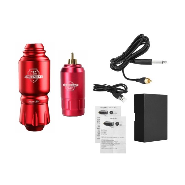 Caneta de tatuagem sem fios com fonte de alimentação e cabo com interface RCA Caneta profissional para tatuagem e maquilhagem permanente vermelho