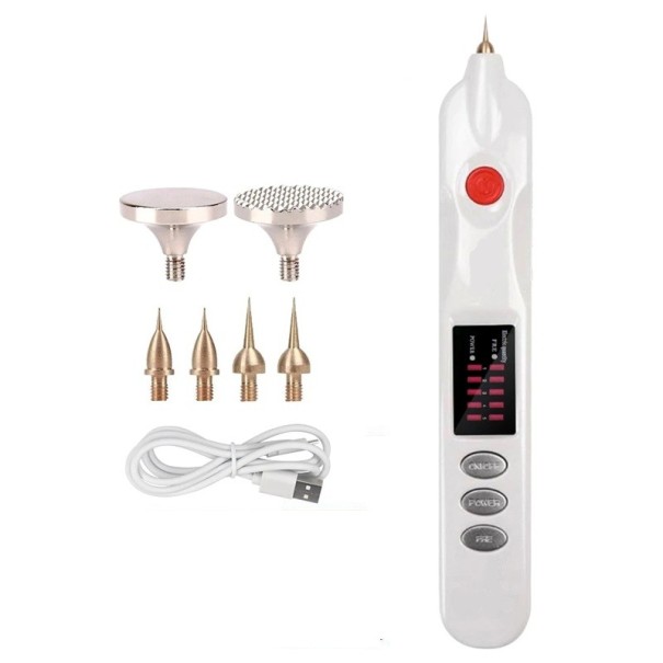 Caneta elétrica para pontos negros e manchas pigmentares 6 cabeçotes 5 velocidades 800 mAh USB dispositivo cosmético para cuidados em casa branco