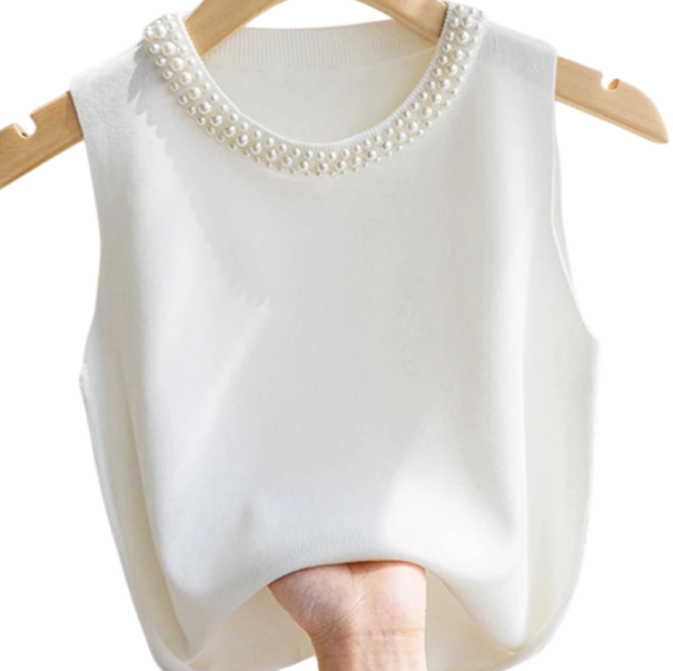 Canotta da Donna Taglia Universale Monocromatica con Perline Spalline Larghe Scollo a O Materiale Poliestere Cotone bianco