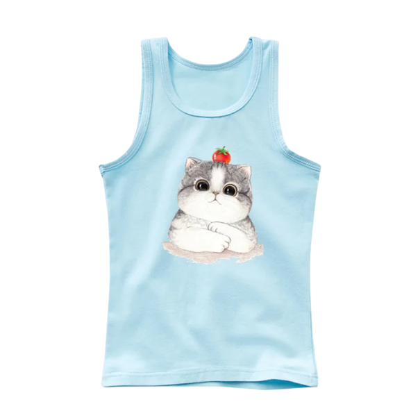 Canotta estiva per ragazze senza maniche 100% cotone Maglietta monocolore con gatto disegnato Top da principessa per bambine Canotta morbida e comoda in vari colori blu 6
