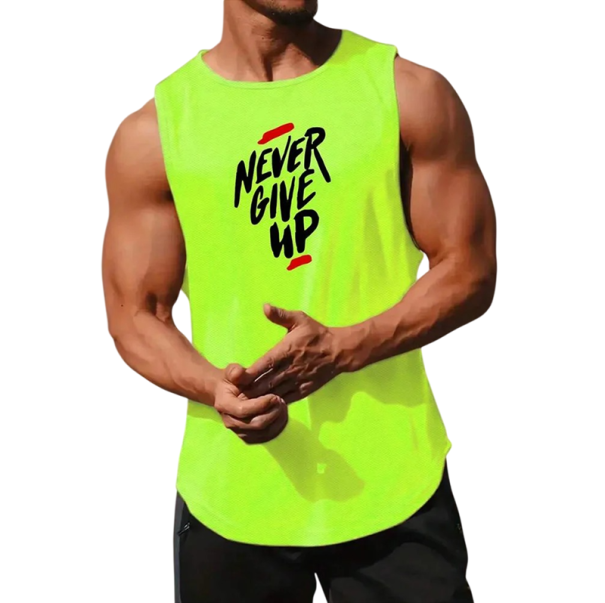 Canottiera da uomo con scollatura rotonda O Scritta Never Give Up Poliestere Top sportivo leggero per allenamento fitness tempo libero verde XXL