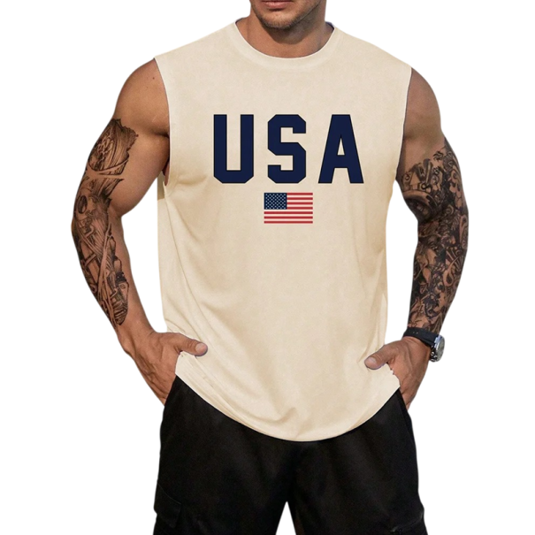 Canottiera da uomo con scollo rotondo e stampa della bandiera americana e scritta USA in poliestere Leggero top estivo per sport e tempo libero beige L