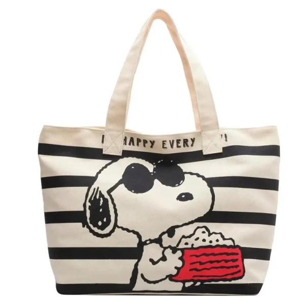 Canvas Bag with Black and White Print of a Dog and Popcorn Stylish Shopping Bag Over the Shoulder Zip Double Handles 1