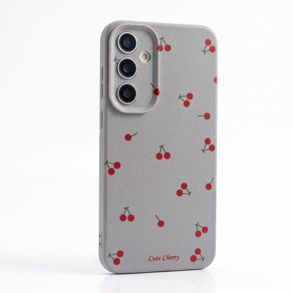 Capa com cerejas para Samsung Galaxy A16 Silikonový e resistente Rebordo elevado em torno da câmara Superfície texturizada Inscrição Cute Cherry Para o dia-a-dia cinzento