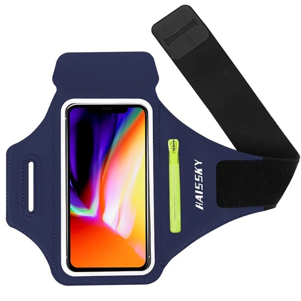 Capa de corrida para braço para telefones com fecho de velcro triplo, película tátil e compartimento para chaves e cartões azul escuro