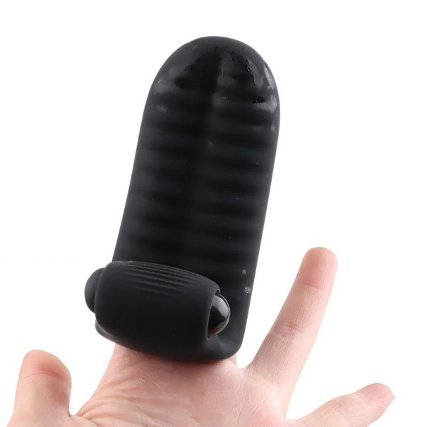 Capa de dedo em silicone preto com texturas e mini vibrador a pilhas, 10 modos de vibração, embalagem discreta 1