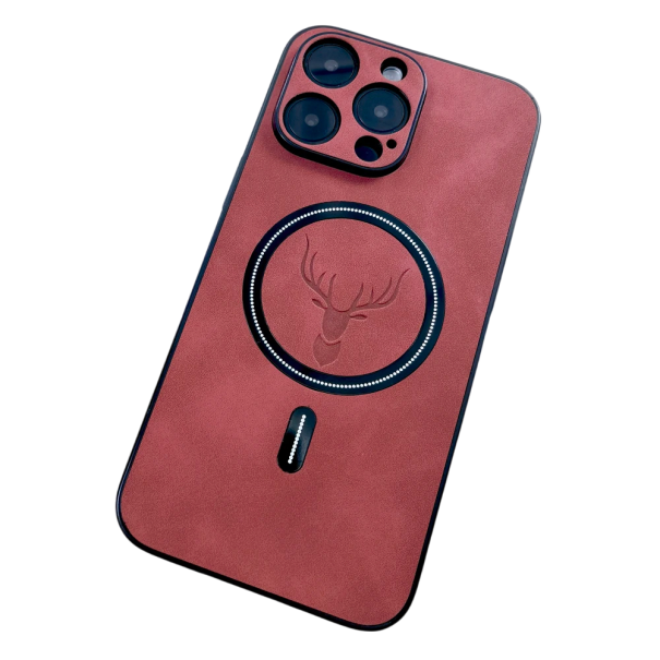 Capa de luxo em pele sintética para iPhone 16 Pro Max com motivo de veado, suporta carregamento sem fios, proteção estilosa com design elegante vermelho