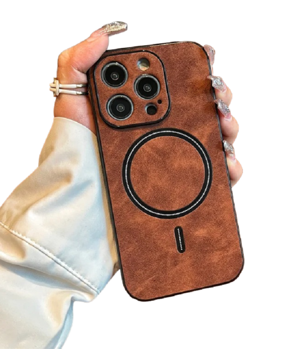 Capa de pele com suporte MagSafe para iPhone 15 castanho