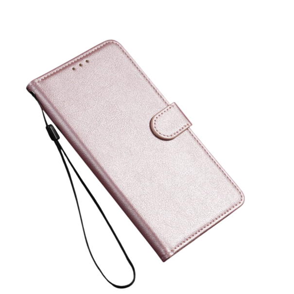 Capa de pele flip magnética para iPhone 17 Pro Max em pele PU com compartimento para cartões, suporte e cordão para a mão rosa