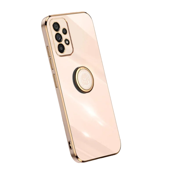 Capa de silicone com bordas douradas e suporte para Samsung Galaxy A14 5G rosa