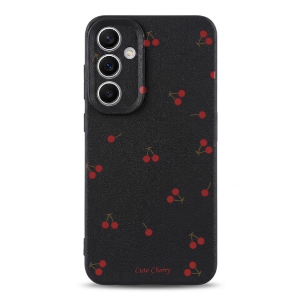 Capa de silicone para telemóvel Samsung Galaxy A56 com cerejas Protetor de câmara Resistente Estrutura granulada Impressão de cerejas e inscrição Cute Cherry preto