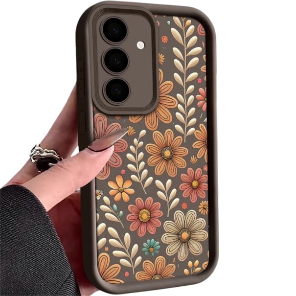 Capa de silicone resistente para Samsung Galaxy A25 S com padrão de flores coloridas Moldura elevada em torno da câmara Borda elevada do ecrã Material flexível castanho