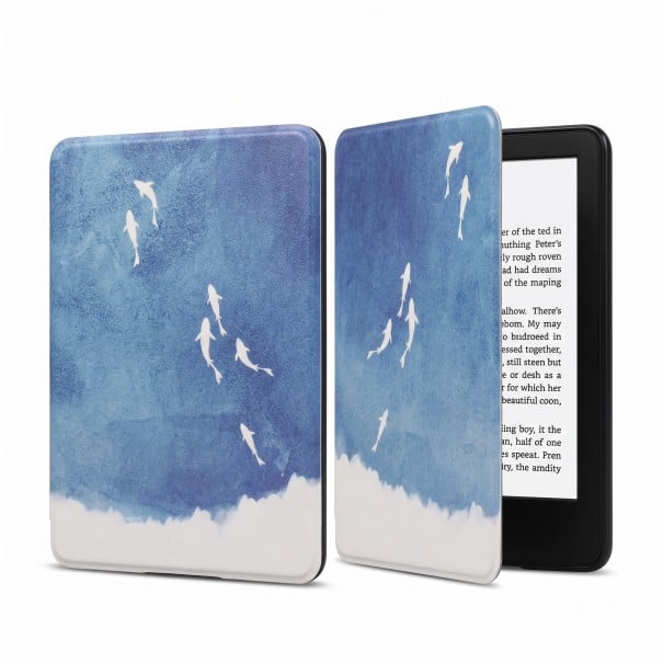 Capa flip azul e branca de 6 polegadas para Kindle 10. geração 2019 com impressão em aquarela de peixes brancos na água azul e com alça e película 1