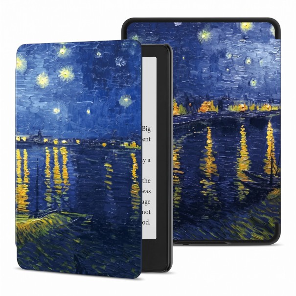 Capa flip azul escuro de 6 polegadas para Kindle 10. geração 2019 com pintura da noite estrelada sobre o rio e reflexos de luz com alça e película 1