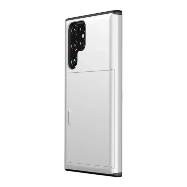 Capa para Samsung Galaxy S24 Ultra S com suporte para cartões Capa com bolso deslizante em PC e TPU Para cartão de pagamento e documentos branco