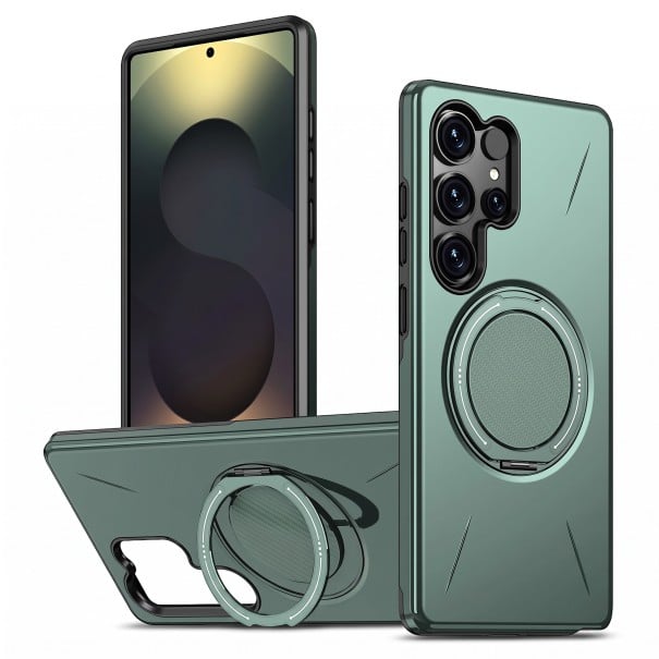 Capa para Samsung Galaxy S25 com suporte rotativo a 360 graus Carregamento sem fios Fibra de carbono Policarbonato e TPU Capa verde