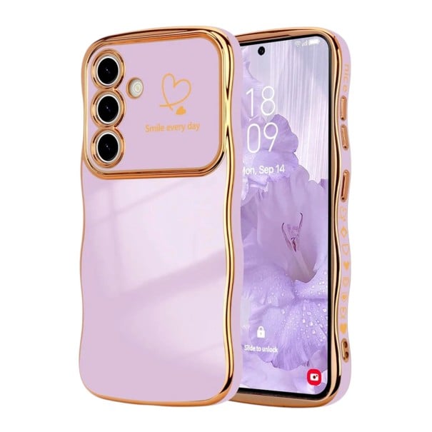 Capa protetora com borda ondulada dourada para Samsung Galaxy A55 Corações na lateral Resistente Proteção da câmara 3,5 mm e do ecrã 1,5 mm roxo