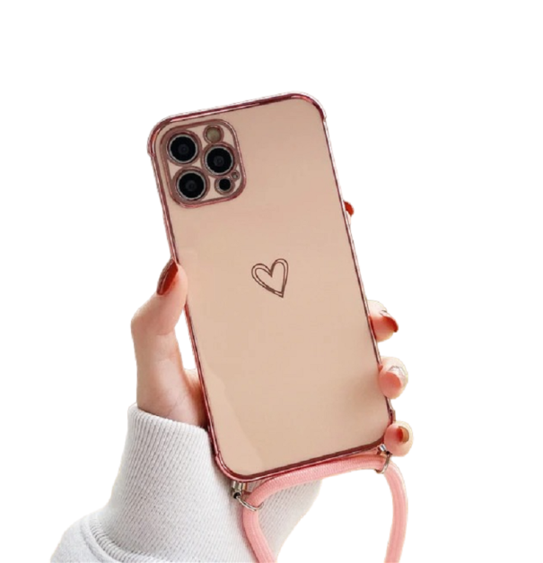 Capa protetora com cordão para o pescoço para iPhone 15 Pro Max rosa