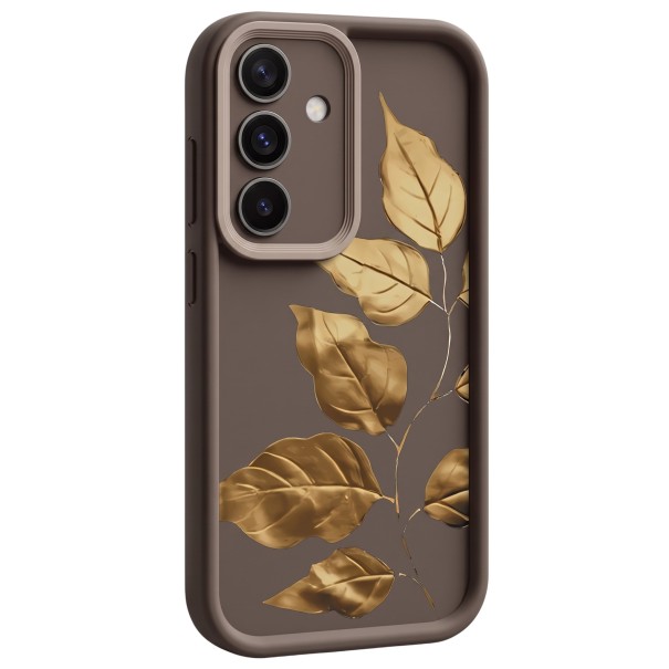 Capa protetora de silicone para Samsung Galaxy A55 5G com motivo de folhas douradas Borda elevada em torno da câmara Borda superior do ecrã Botões cobertos castanho