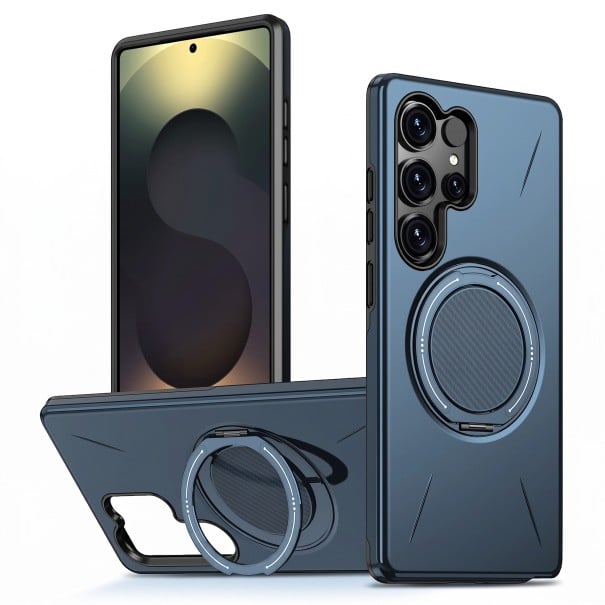 Capa Samsung Galaxy S26 Com suporte integrado e rotação de 360 graus Suporte para carregamento sem fios Carbono Policarbonato e TPU Capa azul marinho