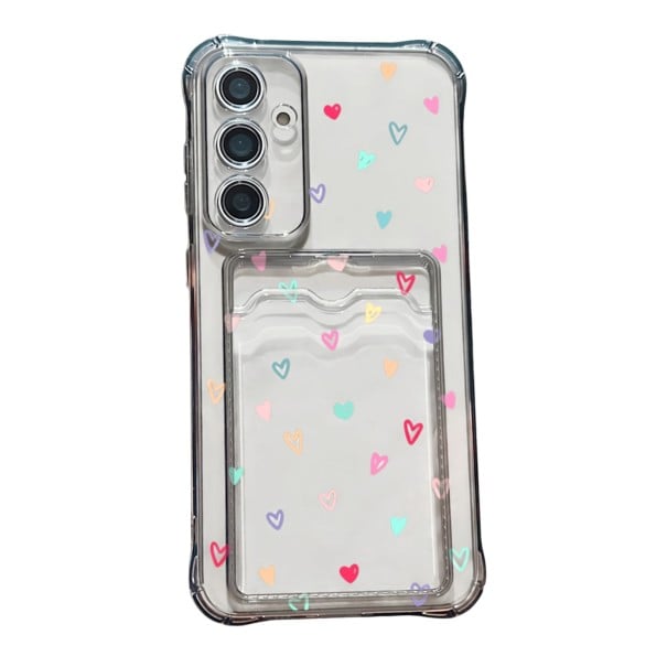 Capa transparente com compartimento para cartão Samsung Galaxy A55 Pequenos corações coloridos Resistente Cantos reforçados Proteção preto