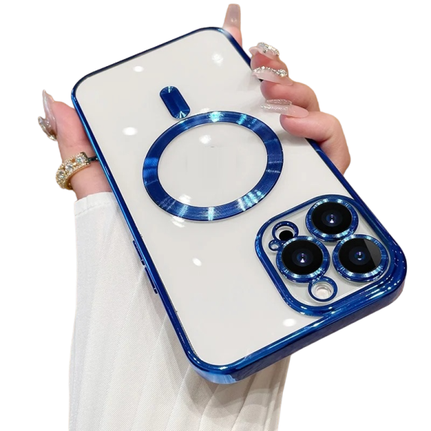 Capa transparente com suporte MagSafe e proteção de câmara para iPhone 15 Plus azul