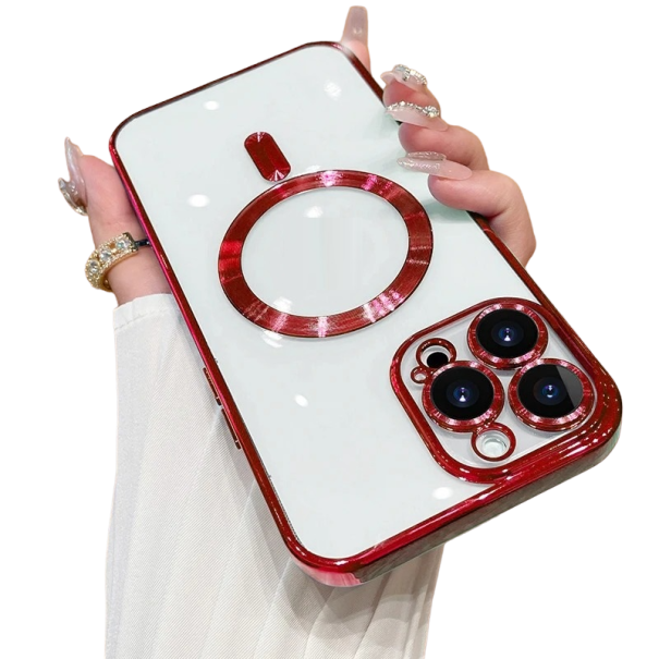 Capa transparente com suporte MagSafe e proteção de câmara para iPhone 15 Pro vermelho