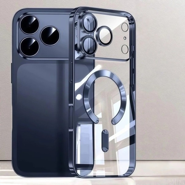 Capa transparente revestida para iPhone 17 Pro Max com fixação magnética Capa protetora para a câmara em TPU resistente azul escuro